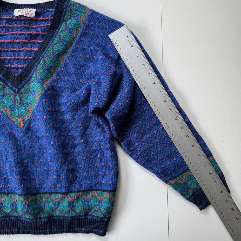Vintage 80s Beldoch‎ Popper Women’s V-Neck Sweater Blue Green Geometric Size M - Picture 12 of 12